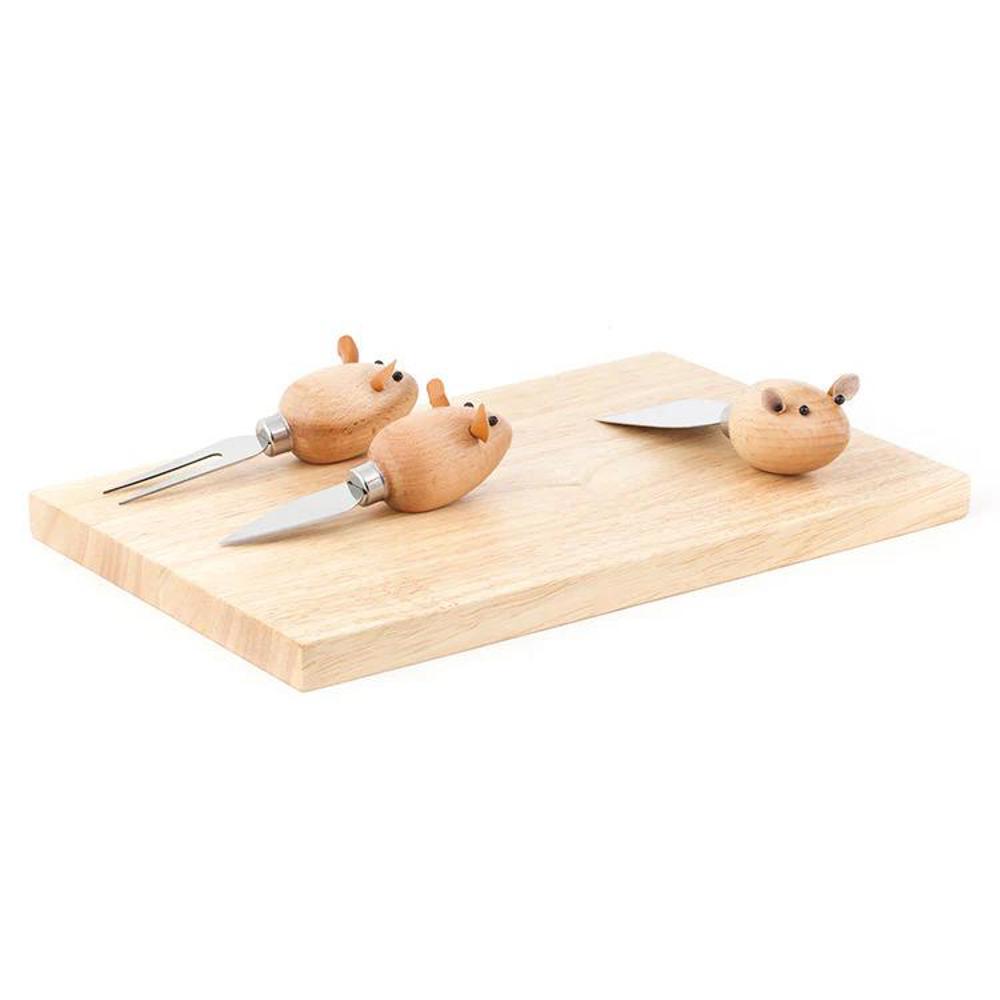Kikkerland Cheese Board with Mouse Knives Set